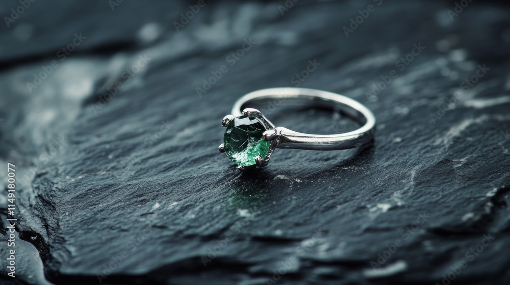 Elegant silver ring with green gemstone on slate background Elegant silver ring with green gemstone on slate background