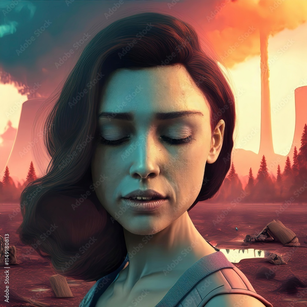 a beautiful woman and environmental disaster behind her. digital illustration and manipulation a beautiful woman and environmental disaster behind her. digital illustration and manipulation