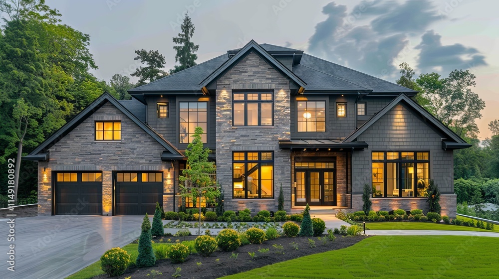 Luxurious modern two-story house with stone and dark siding at dusk. Luxurious modern two-story house with stone and dark siding at dusk.