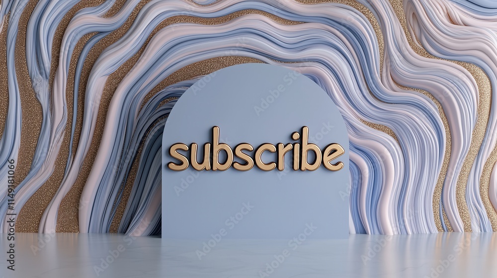 Fototapeta premium Golden subscribe text on light blue abstract design with wavy patterns and gold accents