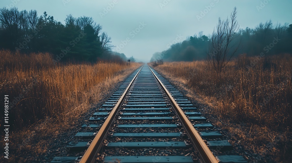 Fototapeta premium Empty Railroad Tracks Through Foggy Woods. Concept of Journey, Destination, and Solitude.