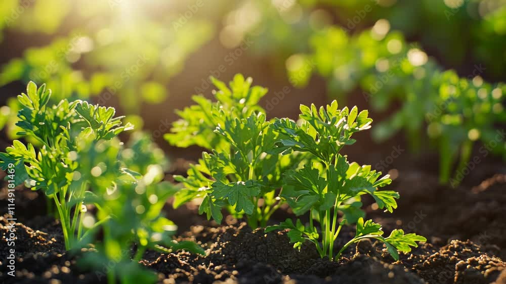 Vibrant Green Parsley Plants in a Lush Garden at Sunrise Vibrant Green Parsley Plants in a Lush Garden at Sunrise