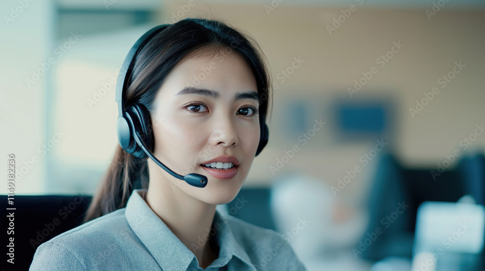 Woman Call Assistant Asian lady works at call center. Young woman wears headset, smiles ...