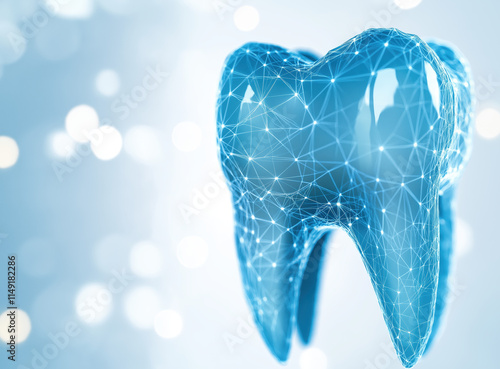 A futuristic blue tooth design with a networked surface, symbolizing dental health and technology. photo