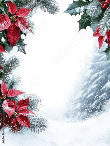 Festive Christmas Border with Poinsettias and Holly Creating a Cozy Winter Scene Perfect for Holiday Greetings and Card Designs