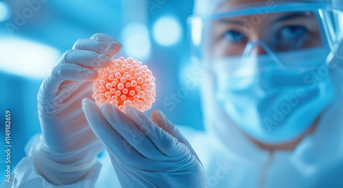 A scientist in protective gear holds a glowing virus model, symbolizing research and advancements in virology and infectious disease study. photo