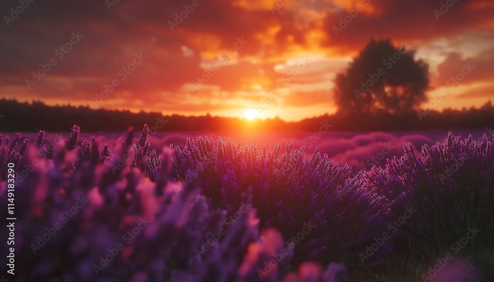 Fototapeta premium Tranquil Lavender Meadow Stretching Into the Distance Under a Vibrant Sunset with Diffused Light and Depth