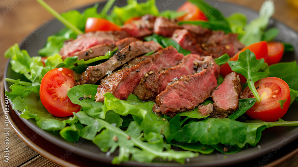 Plate of Steak Salad with Lettuce, Tomatoes, and Balsamic Glaze Plate of Steak Salad with Lettuce, Tomatoes, and Balsamic Glaze