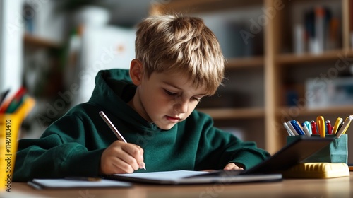 Young boy diligently working on homework at a desk, focused on his notepad and digital tablet. photo