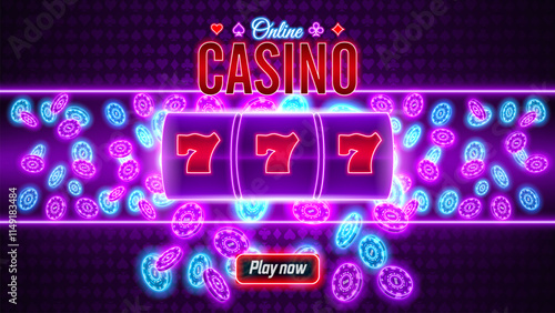 Online casino neon banner on a dark purple background wit poker glowing neon chips and play button.  Invitation casino poster with bright digital neon lights. Vector illustration