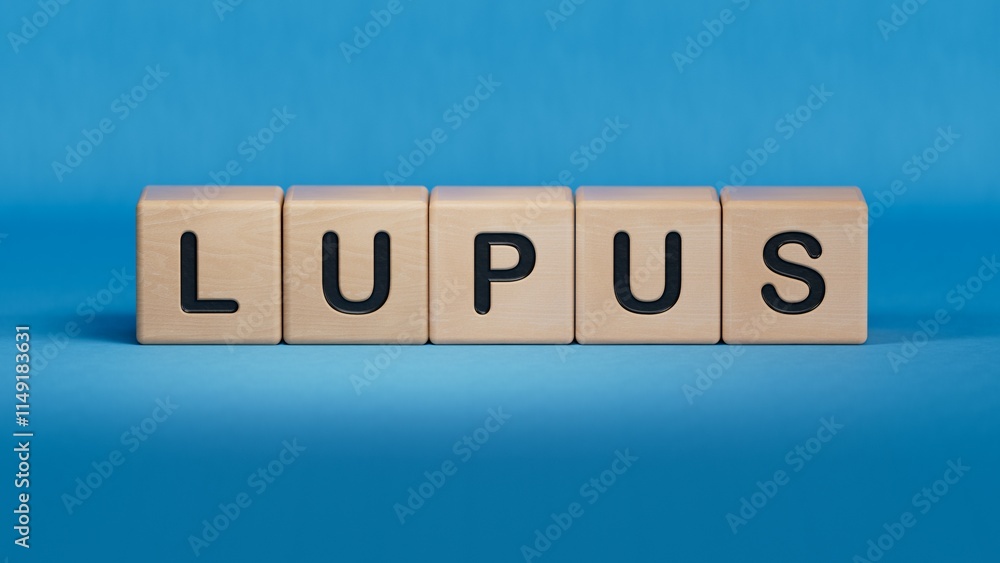 LUPUS word made with building blocks.close up of wooden elements,Business Concept.3D rendering on blue background. LUPUS word made with building blocks.close up of wooden elements,Business Concept.3D rendering on blue background.