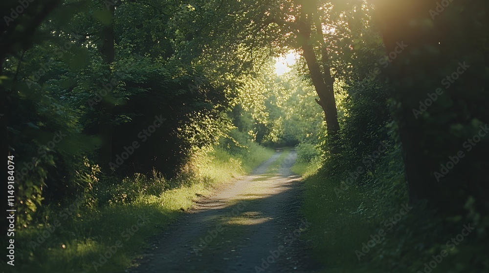 Obraz premium Sunlit Path Through Lush Green Forest Canopy
