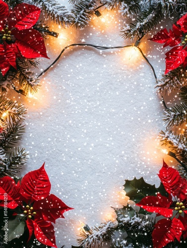 Festive Christmas Frame with Poinsettias, Pine Branches, and Soft Lights for Creative Backgrounds and Holiday Designs
