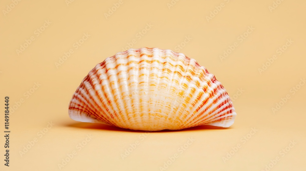 Close-up of a single, orange and white seashell on a pale yellow background. Close-up of a single, orange and white seashell on a pale yellow background.