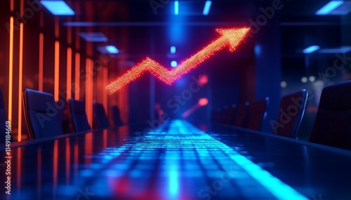 Wallpaper Mural chart, A Glowing Arrow Graph Pointing Upward Above a Conference Table Symbolizing Growth, Progress, and Business Success for Corporate Meetings and Presentations Torontodigital.ca