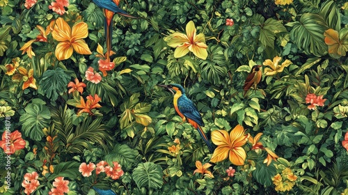 Vibrant Tropical Birds Among Lush Greenery and Colorful Flowers