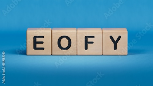 multi-colored wooden cubes with the text EOFY.close up of wooden elements,Business Concept.3D rendering on blue background. photo