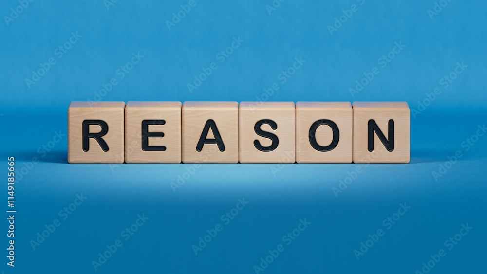 Reason symbol. Concept word Reason on wooden cubes.Business and Reason concept. Copy space.close up of wooden elements,Business Concept.3D rendering on blue background. Reason symbol. Concept word Reason on wooden cubes.Business and Reason concept. Copy space.close up of wooden elements,Business Concept.3D rendering on blue background.