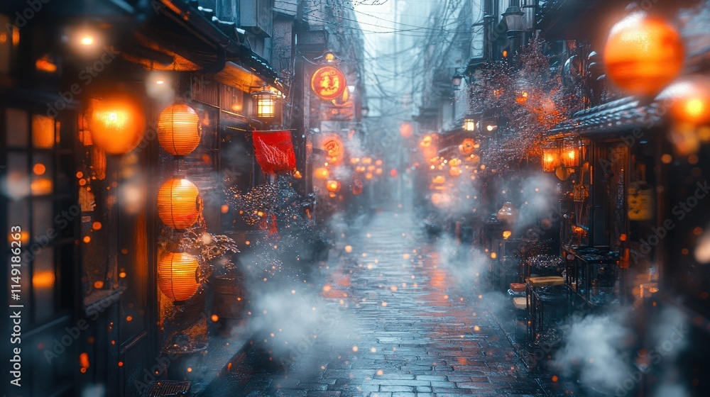 Fototapeta premium A misty alleyway adorned with glowing lanterns, creating a serene, atmospheric scene.