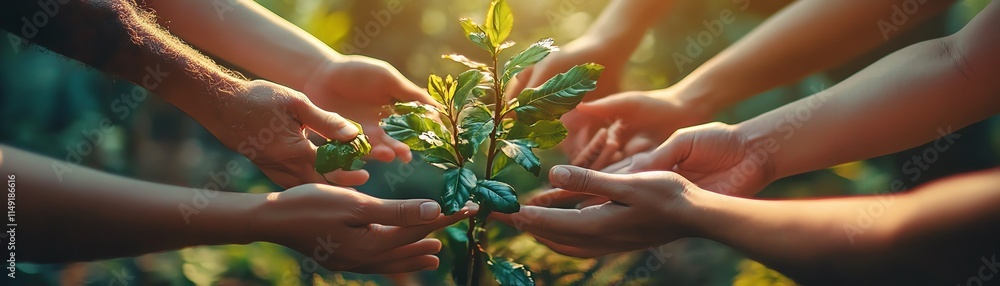 A team of diverse hands gently holding a growing sapling, green outdoor surroundings, detailed textures, sunlight casting warm highlights, unity in action A team of diverse hands gently holding a growing sapling, green outdoor surroundings, detailed textures, sunlight casting warm highlights, unity in action