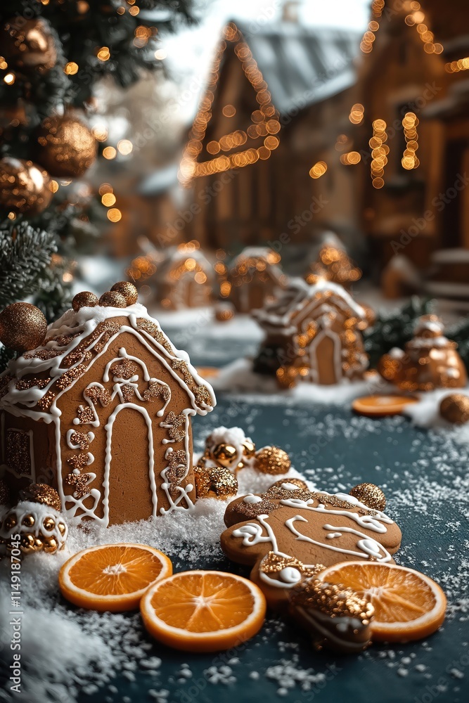 Elegant Christmas scene with gold decorations on dark blue background. Gingerbread houses, cookies beautifully decorated with white icing, gold glitter. Orange slices add touch of citrus. Soft Elegant Christmas scene with gold decorations on dark blue background. Gingerbread houses, cookies beautifully decorated with white icing, gold glitter. Orange slices add touch of citrus. Soft