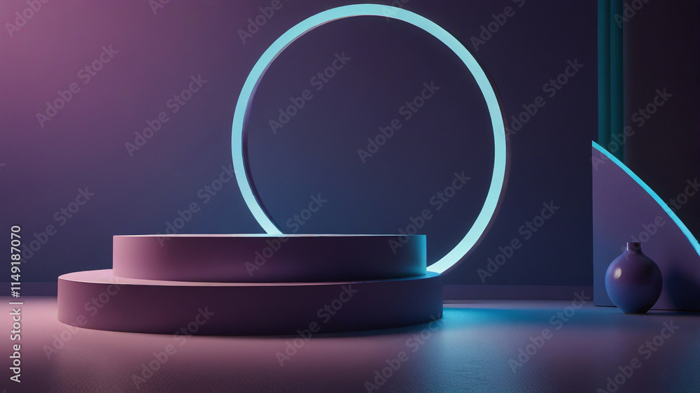 Round purple podium against a pure blue pastel backdrop. Soft shadows enhance the smooth design, creating a bright, minimalist mockup for professional product displays Round purple podium against a pure blue pastel backdrop. Soft shadows enhance the smooth design, creating a bright, minimalist mockup for professional product displays