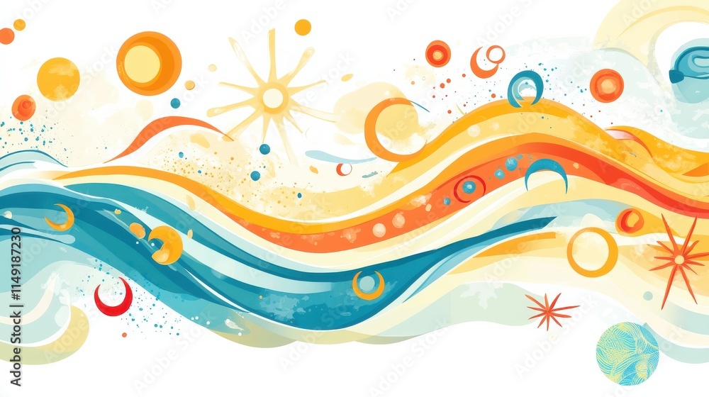 Colorful Abstract Waves with Sun and Moon Elements in Bright Palette Colorful Abstract Waves with Sun and Moon Elements in Bright Palette