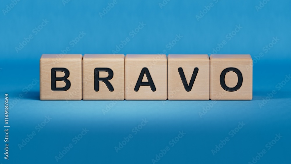 The word bravo appearing wooden cubes. Education concept.close up of wooden elements,Business Concept.3D rendering on blue background.