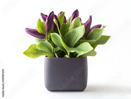 purple tulip plant in a square pot isolated on white background photo