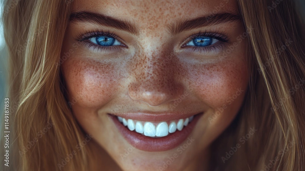 Close-up portrait of a young woman with freckles and a bright smile, showcasing healthy skin and vibrant blue eyes. Close-up portrait of a young woman with freckles and a bright smile, showcasing healthy skin and vibrant blue eyes.