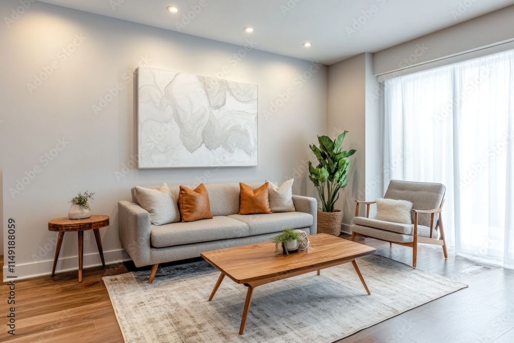 Modern living room interior with sofa, armchair, and artwork. Modern living room interior with sofa, armchair, and artwork.