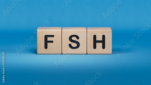 The word FSH is written on wooden cubes. Medical concept.close up of wooden elements,Business Concept.3D rendering on blue background. photo