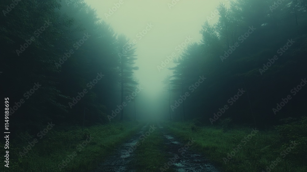 Obraz premium A misty forest path shrouded in fog, creating an eerie and mysterious atmosphere.