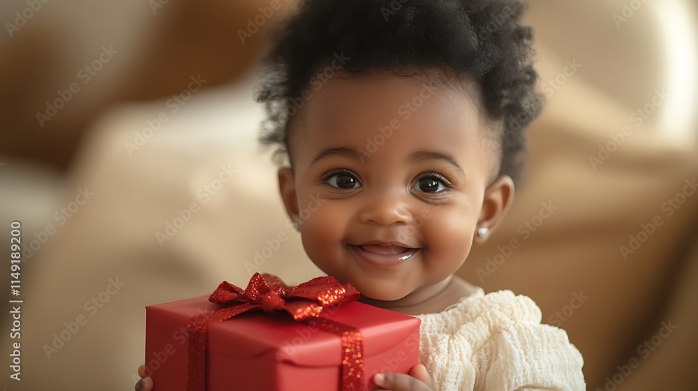 Happy baby opening gift cozy home lifestyle image indoor joy Happy baby opening gift cozy home lifestyle image indoor joy