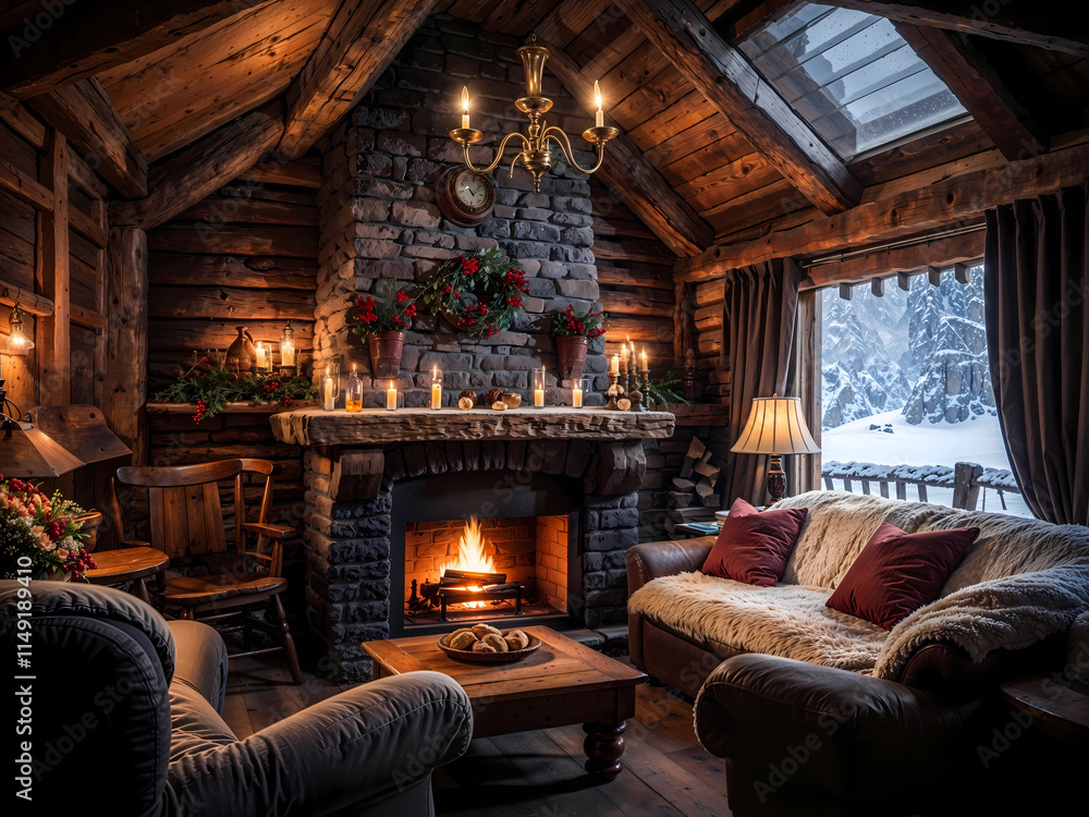 inside a cozy cabin living room with fireplace and big windows overlooking snowy pine forest inside a cozy cabin living room with fireplace and big windows overlooking snowy pine forest