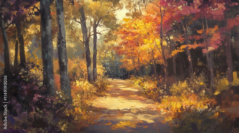 Serene Autumn Pathway Through Colorful Trees and Warm Sunlight Serene Autumn Pathway Through Colorful Trees and Warm Sunlight