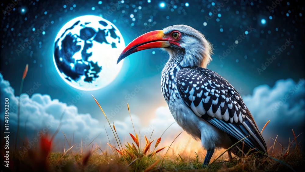 Fototapeta premium A red beak silhouettes against the night sky; a captivating image of a nocturnal African hornbill in its jungle habitat.