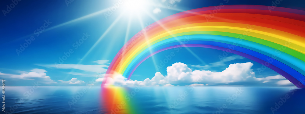Rainbow over the sea. Colorful rainbow on blue sky background. Rainbow over the sea. Colorful rainbow on blue sky background.