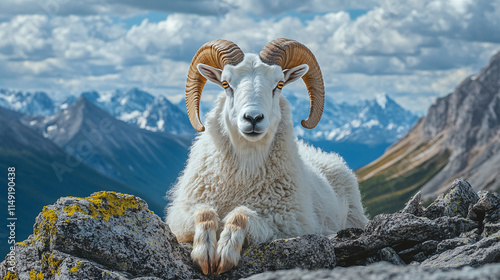 Strong mountain goat, a horned farm mammal and wild animal, known for its beautiful white fur and unique sheep head, in nature and in alpine wilderness. photo