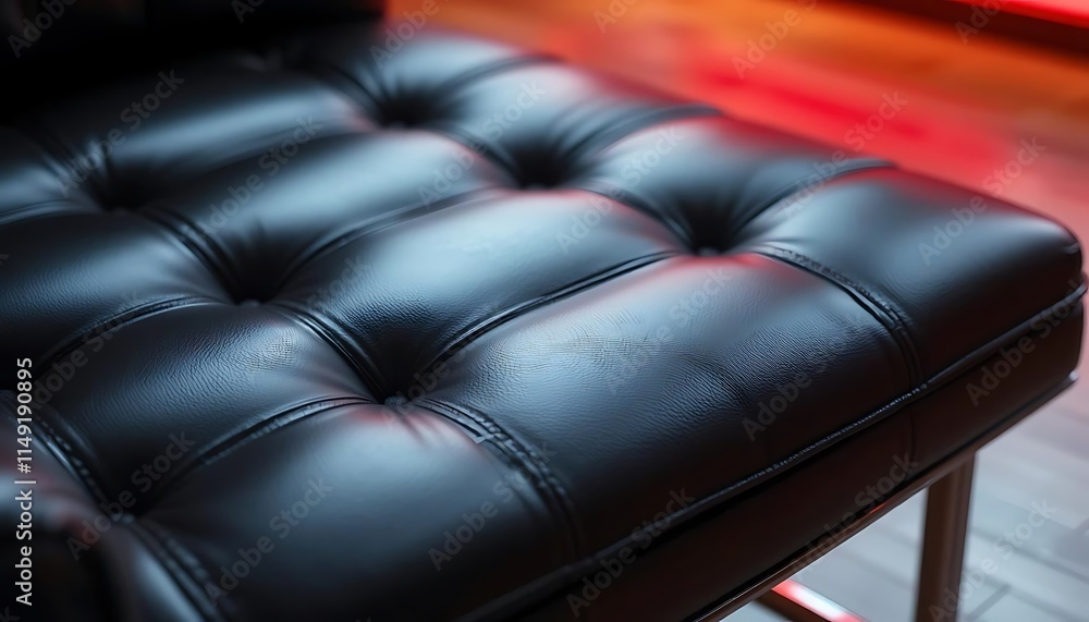 Fototapeta premium Close-up of a luxurious black leather tufted chair seat.