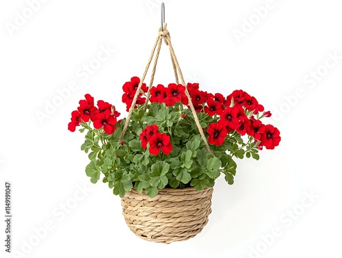 red geranium plant in a round hanging pot isolated on white background photo