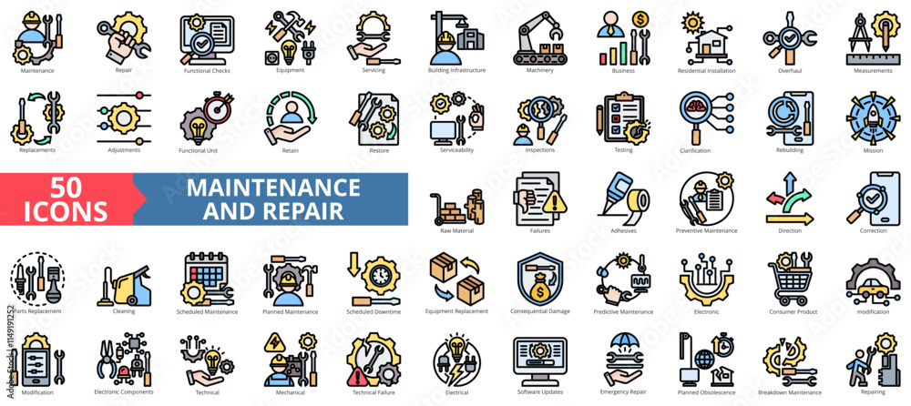 Fototapeta premium Maintenance and repair icon collection set. Containing functional checks, equipment, servicing, building infrastructure, machinery, business, residential installation icon. Simple flat outline vector