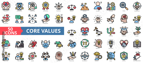 Core values icon collection set. Containing acceptance, achievement, adaptability, authenticity, autonomy, balance, badness icon. Simple flat outline vector illustration