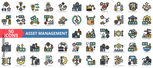 Asset management icon collection set. Containing systematic, approach, human capital, physical objects, buildings, equipment, intangible icon. Simple flat outline vector illustration