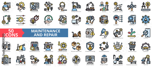 Maintenance and repair icon collection set. Containing functional checks, equipment, servicing, building infrastructure, machinery, business, residential installation icon.  Simple flat outline vector