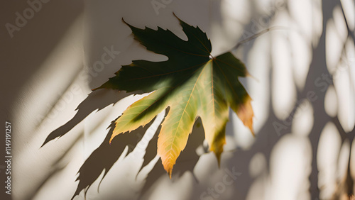 A blurred background highlights the gentle contrast of light and shadow formed by leaves against the wall