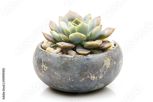 succulent plant in a small round pot isolated on white background photo