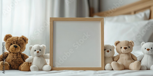A wooden frame mockup with teddy bears on the side, placed in front of an empty bed for children's room decoration, generative AI