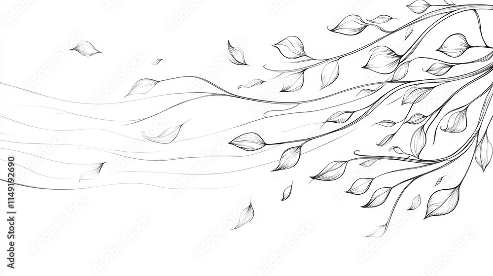 Elegant Line Art of Branch with Leaves and Falling Petals Elegant Line Art of Branch with Leaves and Falling Petals
