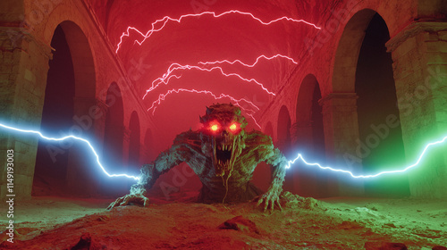 Retro 80s Monster with Classic Lightning Effects in Spooky Setting